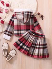 SHEIN 秋冬女童學院風格紋上衣連帽拼接百褶裙套裝 - 紅色 - 查看 2