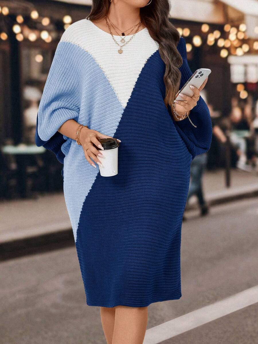 Calvaya 大尺寸拼色蝙蝠袖毛衣裙 - 彩色 - 查看 1