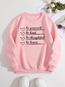 SHEIN EZwear 女士保暖内衬运动衫，带标语印花 - 粉色 - 查看 1