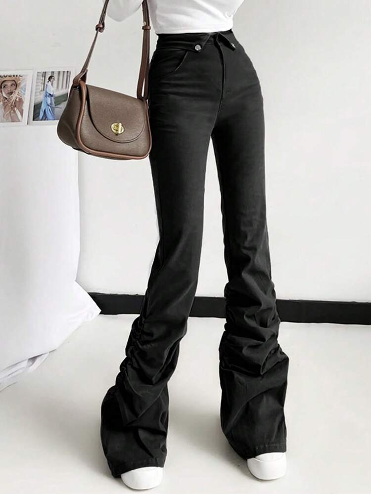 Ruched Flare Leg Pants Fall Cloth For Women