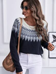 SHEIN LUNE Geo Pattern Sweater Knit Pullover Fall Winter Outfit - Multicolor - View 1