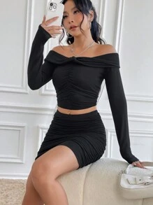 SHEIN Unity Của phụ nữ Off-shoulder Ruffle Bộ đồ trên và váy - màu đen - Xem 4