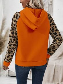 Women's Leopard Print Raglan Sleeve Hooded Sweatshirt - Orange - View 2