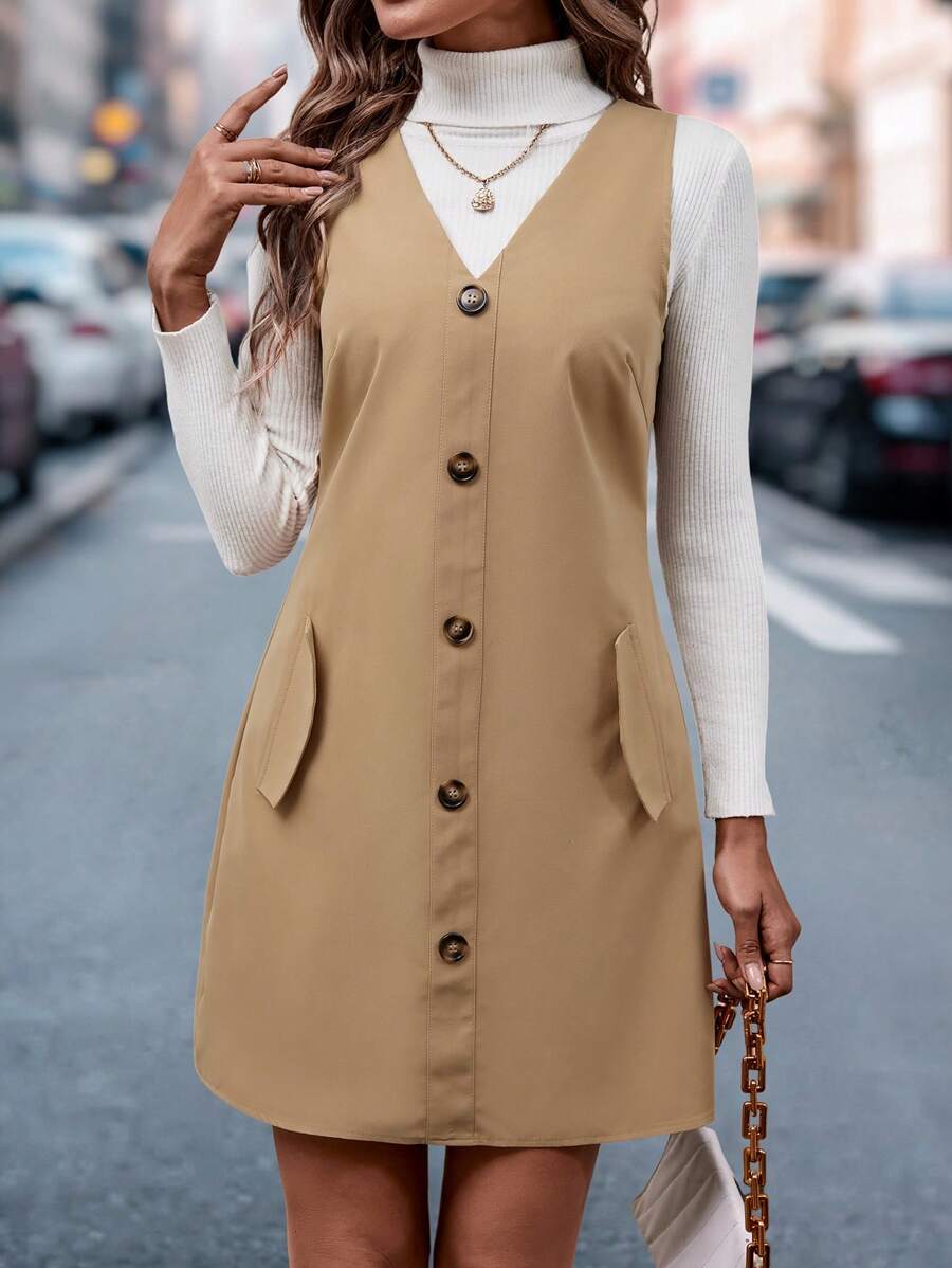 Chiquease Buttoned Solid Color Fake Pocket Sleeveless Dress - Khaki - View 1