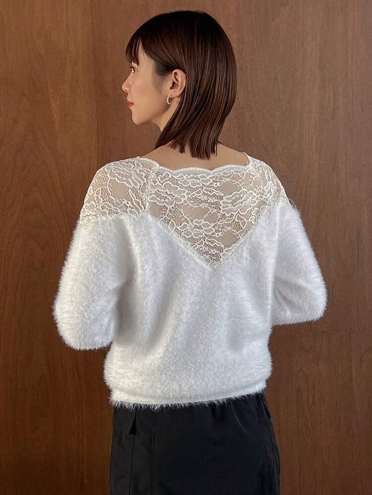 Women's Patchwork Lace & Fluffy Sweater,Fall Women Clothes