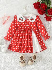 嬰兒女童波點印花對比色彼得潘襯領櫻桃刺繡連衣裙 - 紅色 - 查看 1