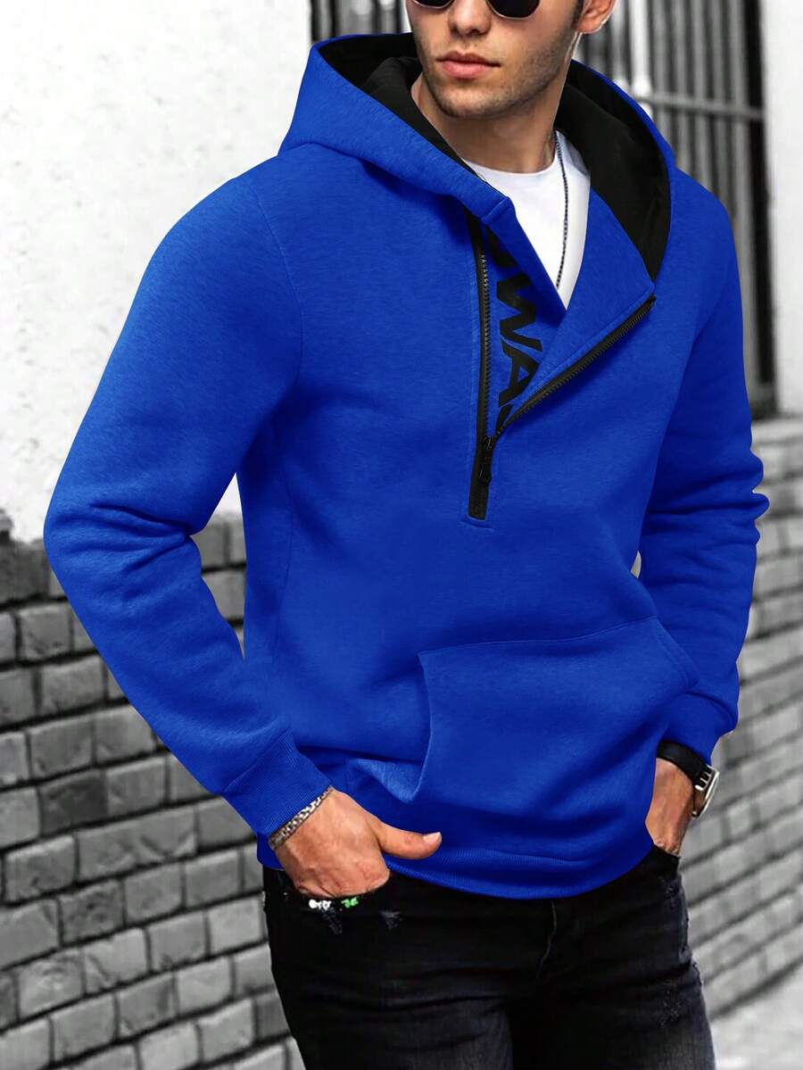 Manfinity Homme 男士帶有印花文字設計的連帽休閑運動衫 - 藍色 - 查看 1