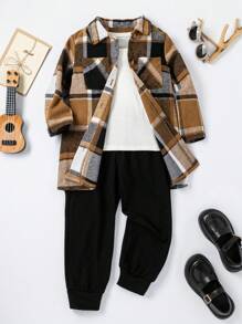 SHEIN Young Boys' Plaid Jacket And Pants Set, Long Sleeve - Multicolor - View 1