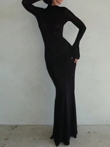 Damen Einfarbiges Kleid mit Rückenausschnitt, Stehkragen und Fischschwanzsaum