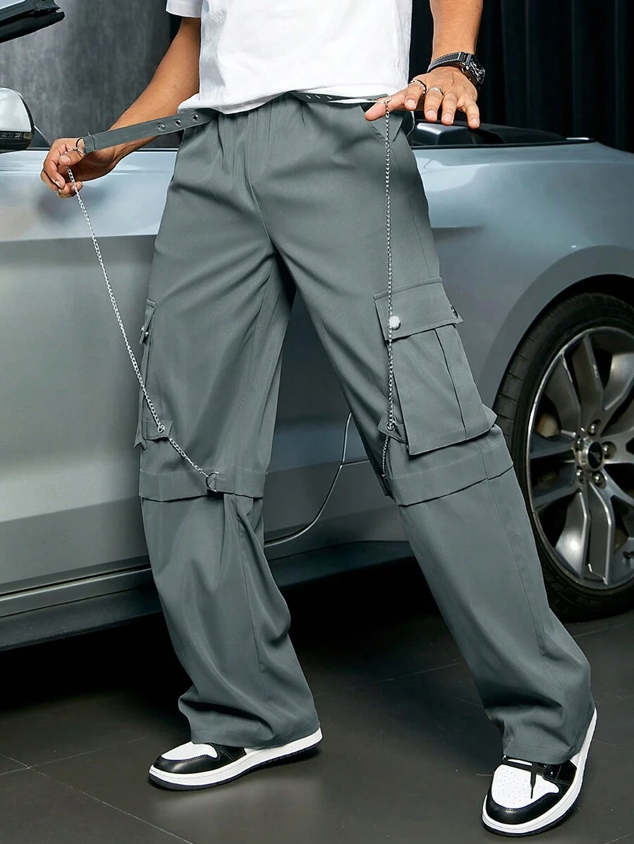 Men's Chain Decoration Cargo Pants - Dark Green - View 1