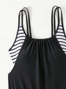 Swim Lushoire Summer Beach Women's Striped Splicing Double Strap Tankini Set - Black and White - View 7