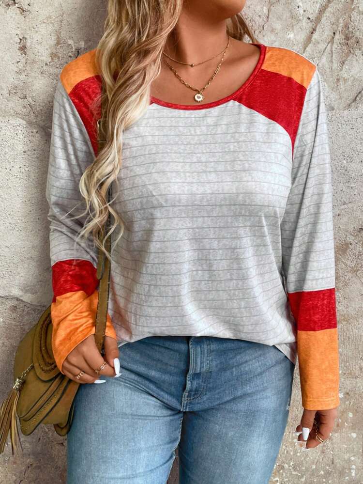 Women's Plus Size Contrast Stripe Long Sleeve T-shirt