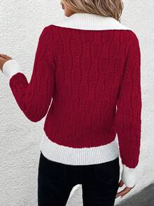 SHEIN Frenchy Của phụ nữ Khối màu Collared Áo chui đầu Áo len - Màu Đỏ Sâu - Xem 2