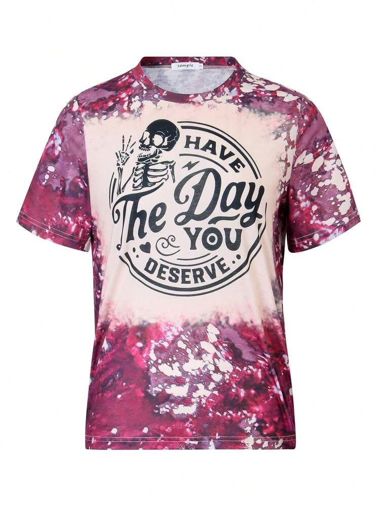 Skull & Letter Printed Short Sleeve T-Shirt Graphic Tees Women Tops