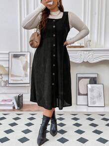 Franclia Plus Size Solid Corduroy Dress With Front Buttons
