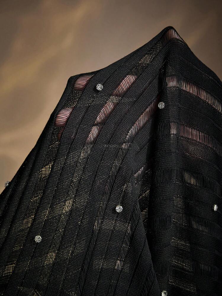 Plus Size Semi-Sheer Ribbed Sweater With Hot Drilling Embellished, Winter