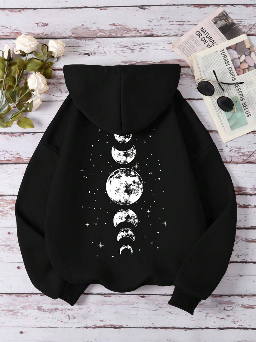 SHEIN EZwear Kích thước lớn áo có mũ Lông cừu Áo nỉ Với Mặt trăng In Thiết kế Và Dây rút - màu đen - Xem 1
