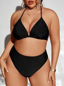 Swim EVENT Plus Size 4pcs Solid Color Bikini Set With Triangle Cups & Mesh Cover Up Set Summer - Black - View 3