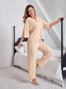 純色凸起領寬鬆休閒居家套裝 - 杏色 - 查看 3