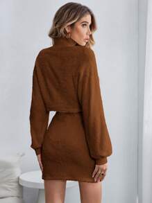 SHEIN Essnce Của phụ nữ Đứng cổ áo tay cánh Bộ đồ trên và váy - Rỉ Nâu - Xem 2