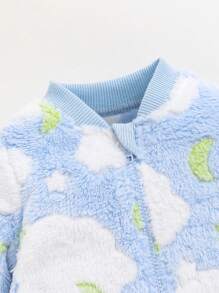 SHEIN Grenouillère Sans Col Pour Bébé Nouveau-né Fille À Motif D'étoile, Doublée Thermiquement Et De Couleur Moyennement Épaisse À Manches Longues Avec Couverture Pour Les Pieds - Bleu et Blanc - Voir 4