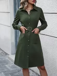 SHEIN LUNE Của phụ nữ Thắt lưng Váy sơ mi - xanh quân đội - Xem 4
