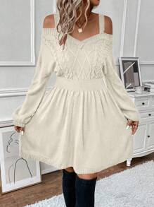 SHEIN Clasi Màu thuần A-line Đầm Áo len Với Thìa Tay áo - Màu be - Xem 3
