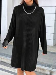 SHEIN EZwear 女款高領落肩長袖連身裙 - 黑色 - 查看 4