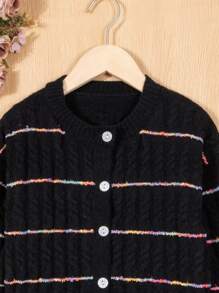 SHEIN Little Girls' Knitted Cardigan With Color Block Pattern - Black - View 4