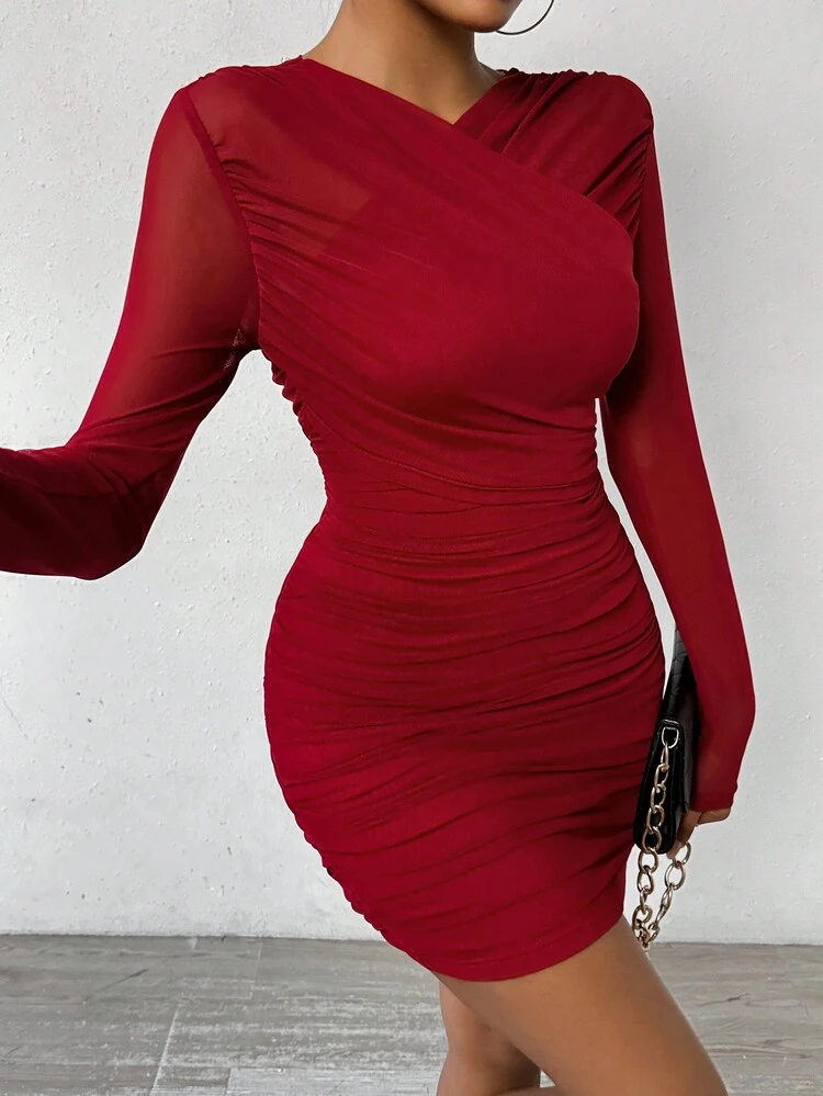 Women's Slim Fit Pleated Long Sleeve Dress