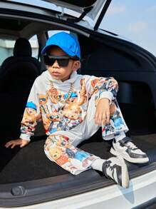 SHEIN Explorewe 幼兒男童簡約時尚休閒印花運動套裝,適合秋冬穿著 - 白色 - 查看 6