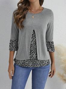 EMERY ROSE 女式豹紋 3/4 袖 T 卹 - 淺灰色 - 查看 3