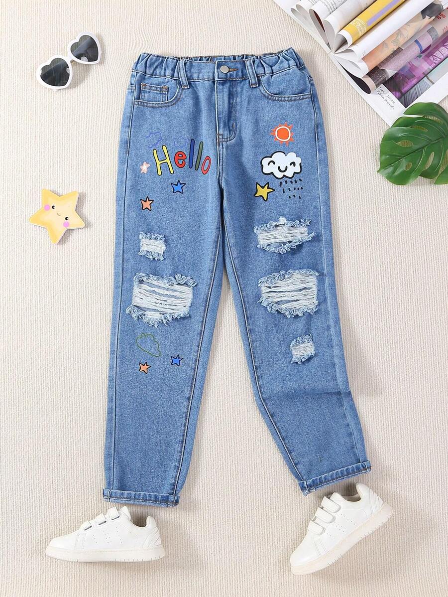 Tween Girl Cartoon Letter Printed Ripped Jeans - Light Wash - View 1