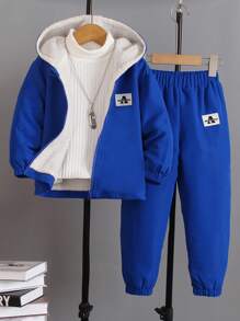 SHEIN Little Girls' Teddy Lined Zip-up Hooded Jacket And Long Pants Set - Blue - View 7