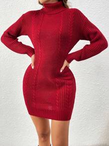 Chiquease 高領麻花編織落肩袖毛衣洋裝 - 紅色 - 查看 6