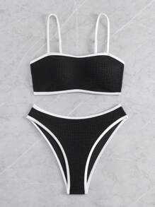 SHEIN Swim Summer Beach Splice Edge Strappy Swimwear Set Carnival - Black and White - View 5