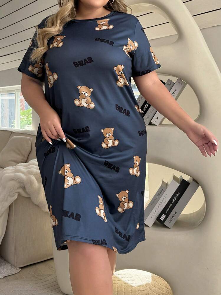 Snug Zone Plus Size Women's Short Sleeve Sleep Dress Pajama Dress With Bear And Letter Print, Moo Moo Night Dress - Dusty Blue - View 4
