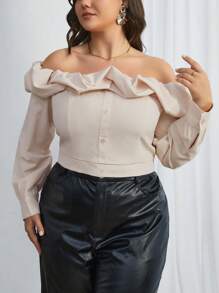 SHEIN Privé Plus Size Pleated Off Shoulder Top - Khaki - View 6
