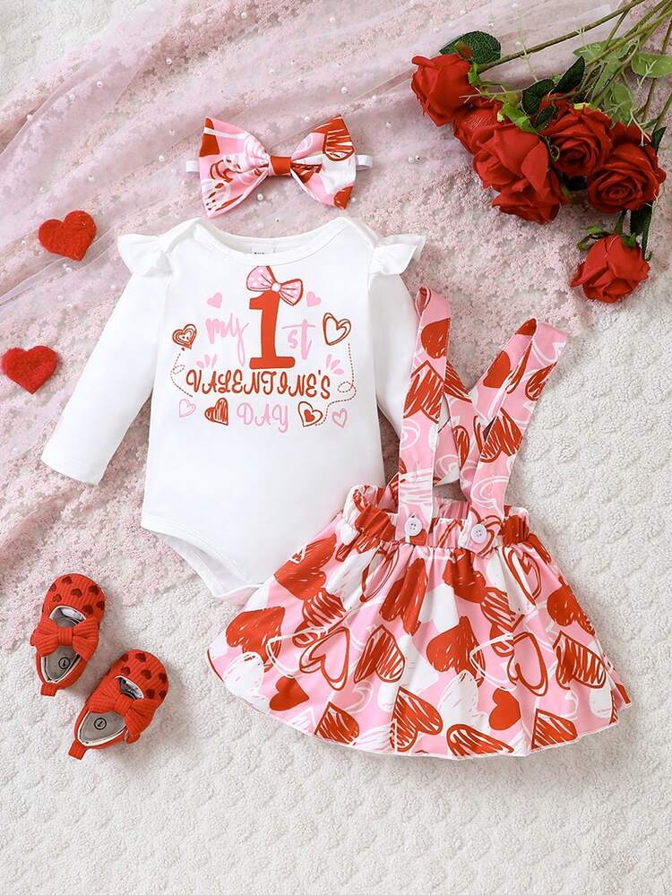 Valentine's Day, Baby Girl Fun Love Print Casual Bodysui + Suspenders Skirt Suit