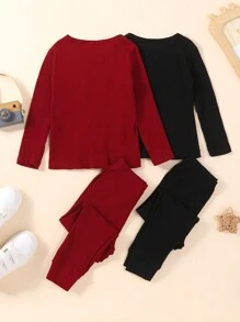 SHEIN 2件套男童罗纹针织T恤和紧身裤套装 - 彩色 - 查看 2