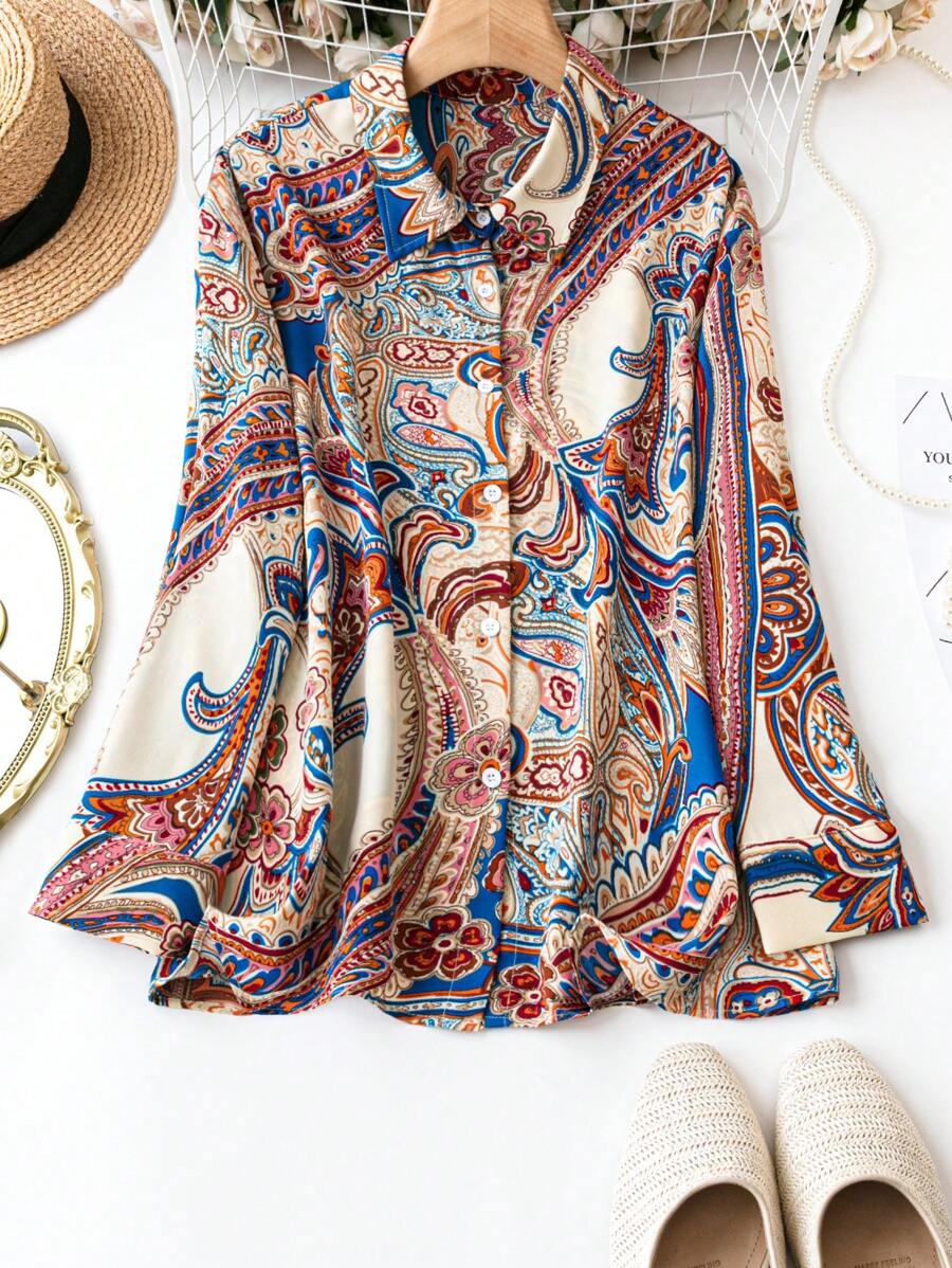 SHEIN Clasi 大尺碼派對印花襯衫 - 寶藍色 - 查看 1