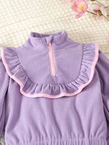 Infant Girls' Corduroy Top And Pants Set With Color Contrast & Ruffle Trim - Purple - View 4