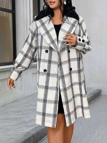 Celure 女款大尺寸格子燈籠袖雙排扣羊毛大衣 - 黑色 - 查看 5