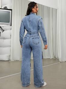 SHEIN ICON Của phụ nữ Cargo Denim Áo liền quần - Rửa trung bình - Xem 2