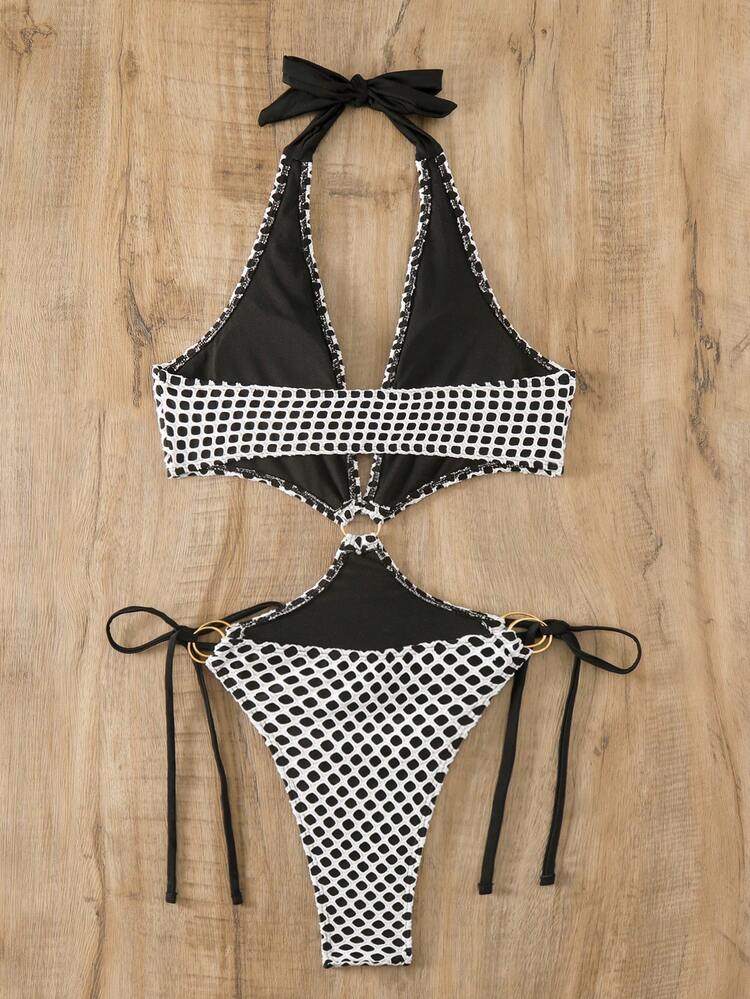 Hollow Out All Over Print Halter Neck One Piece Swimsuit Summer