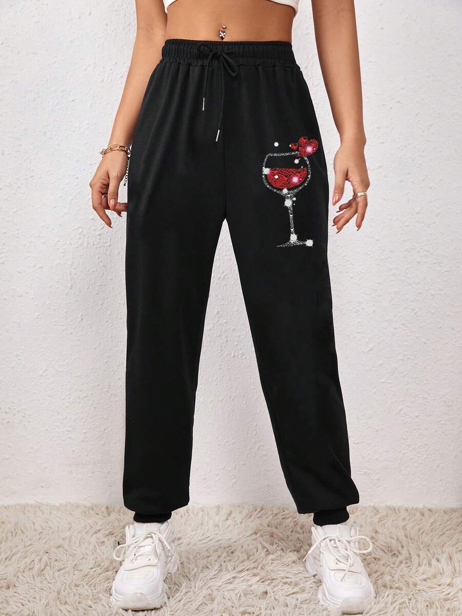 SHEIN EZwear Của phụ nữ Dây rút Chạy bộ Quần Với Ly rượu In Mẫu - màu đen - Xem 1