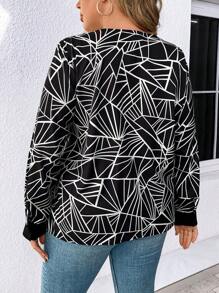 SHEIN LUNE Plus Size Button Down Shirt With Keyhole Collar And Long Sleeves - Black and White - View 2