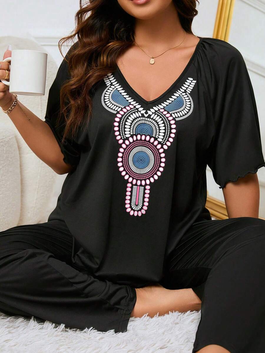 Conjunto de pijama de top de manga raglán con estampado gráfico y pantalones, conjunto de pijama talla grande - Negro - Ver 1