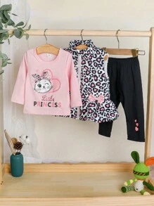 Baby Girls' Cat Printed Base Shirt + Leopard Print Padded Vest+base Pants, Cute Fashionable Cool 3pcs Set For Autumn And Winter - Multicolor - View 3