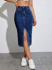 SHEIN Unity 女士側開口牛仔筆裙 - 深色水洗藍 - 查看 4